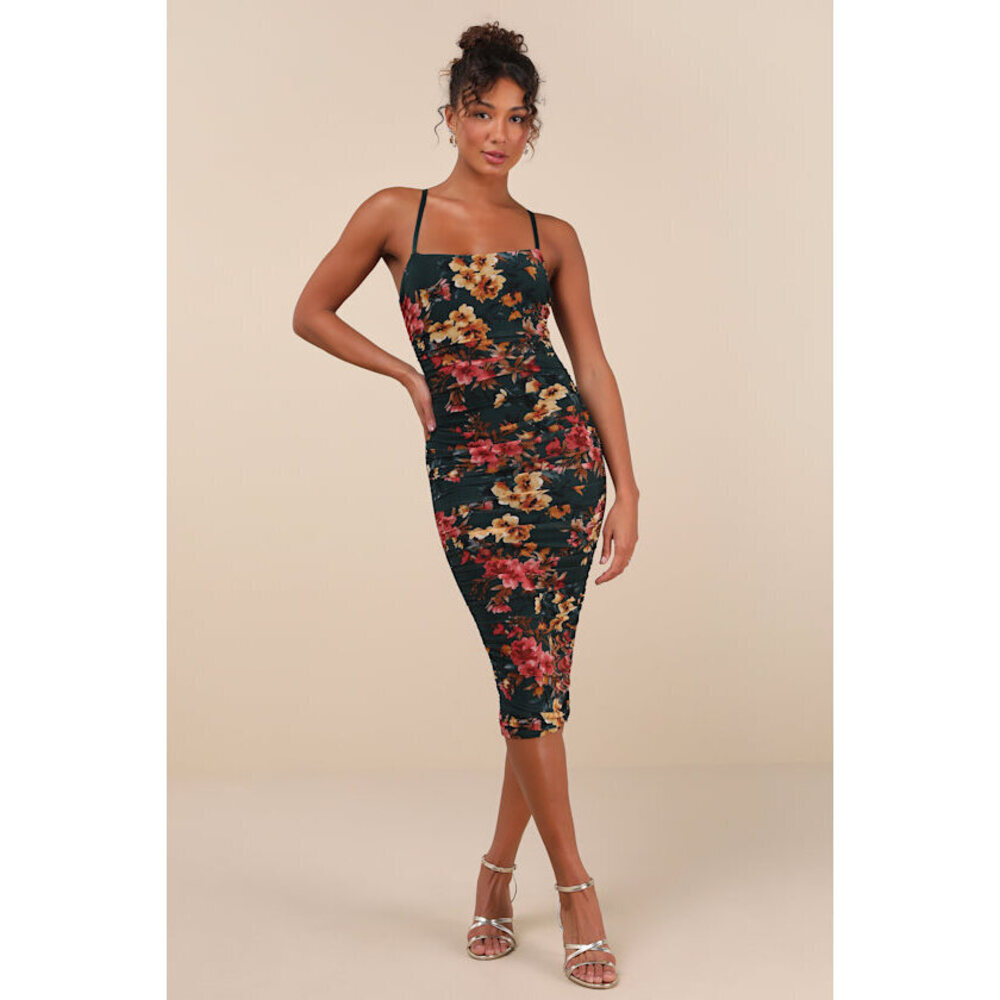 Lulus Date Night Beauty Dark Green Floral Print Mesh Ruched Midi Dress - Size M